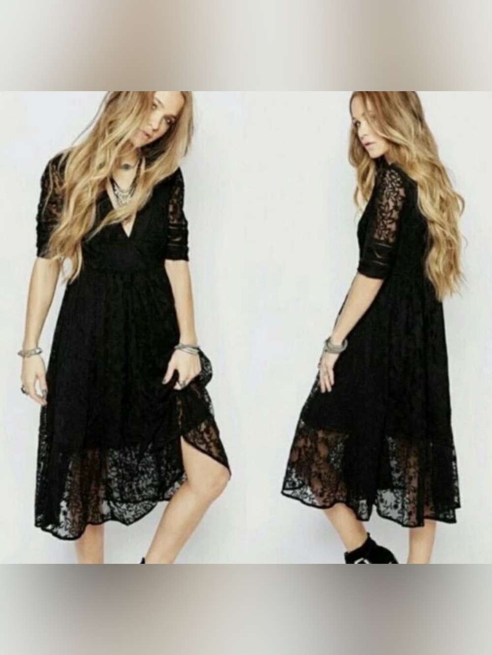 Free People Mountain Laurel Lace Midi Dress 8 Black Crochet Whimsigoth Boho Goth